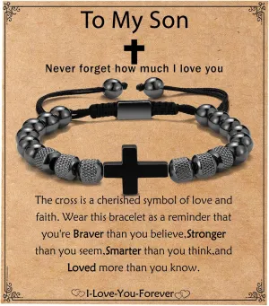 Cross Bracelet for Boys Men, Adjustable Obsidian Beads Cross First Communion Confirmation Easter Christian Religious Bapstim Jewelry Gifts for Teenage Teen Boys Son Grandson