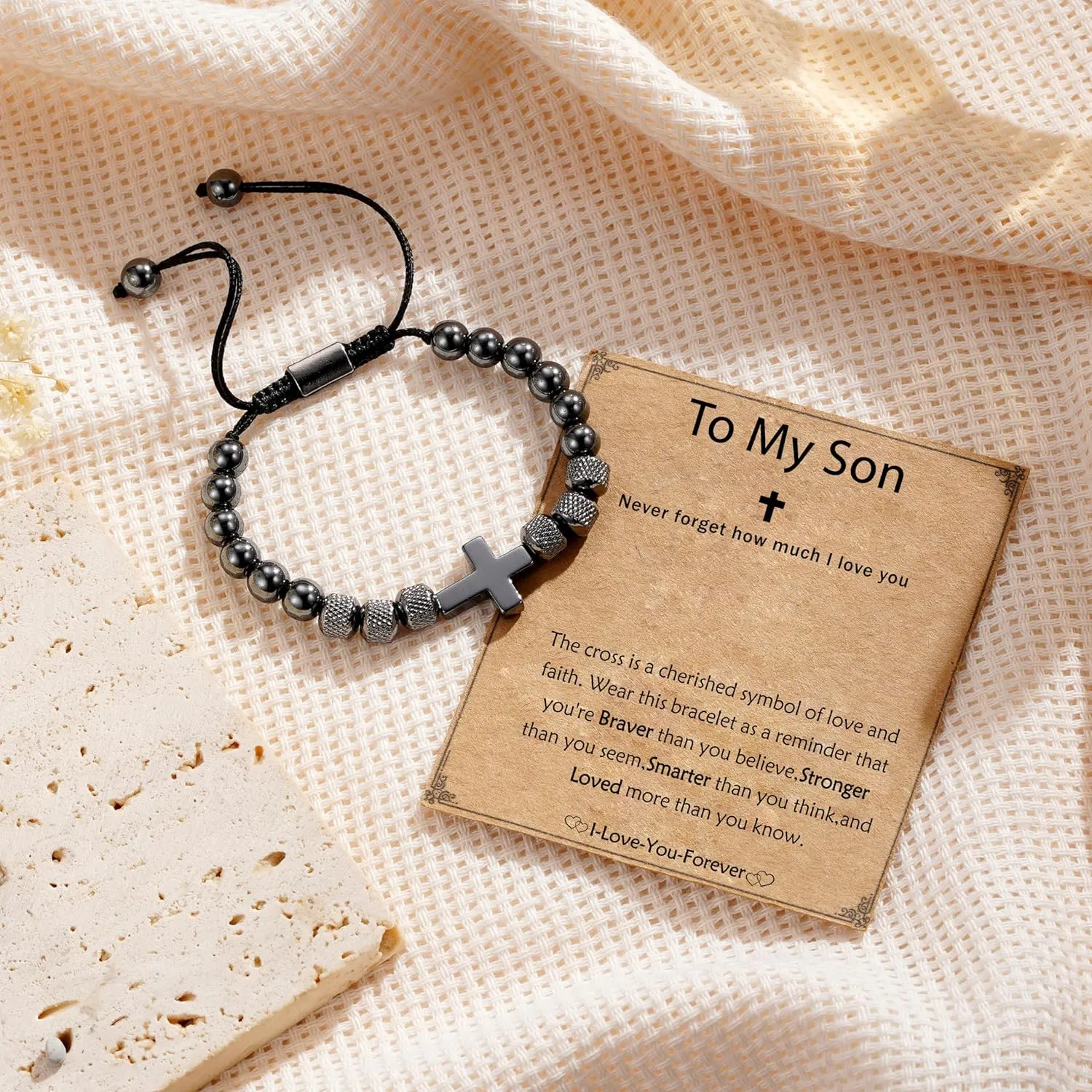 Cross Bracelet for Boys Men, Adjustable Obsidian Beads Cross First Communion Confirmation Easter Christian Religious Bapstim Jewelry Gifts for Teenage Teen Boys Son Grandson