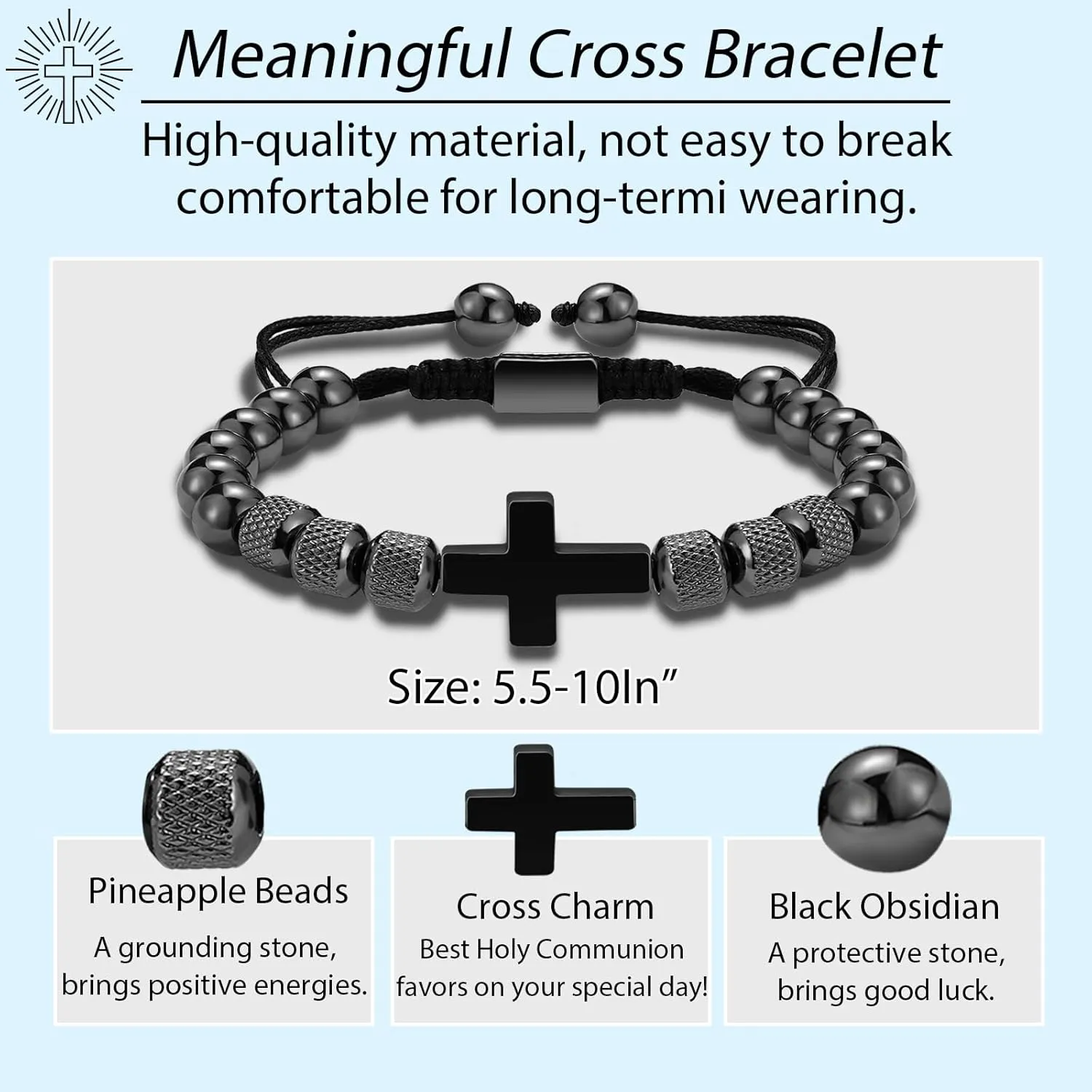 Cross Bracelet for Boys Men, Adjustable Obsidian Beads Cross First Communion Confirmation Easter Christian Religious Bapstim Jewelry Gifts for Teenage Teen Boys Son Grandson