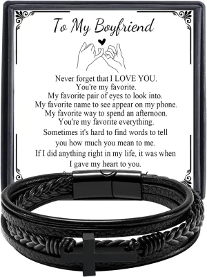Cross Bracelet for Men Father Dad Husband Son Brother Boyfriend Father's Day Birthday Graduation Anniversary Christmas Christian Religious Jesus Easter Catholic Black Leather Bracelet Gift for Man