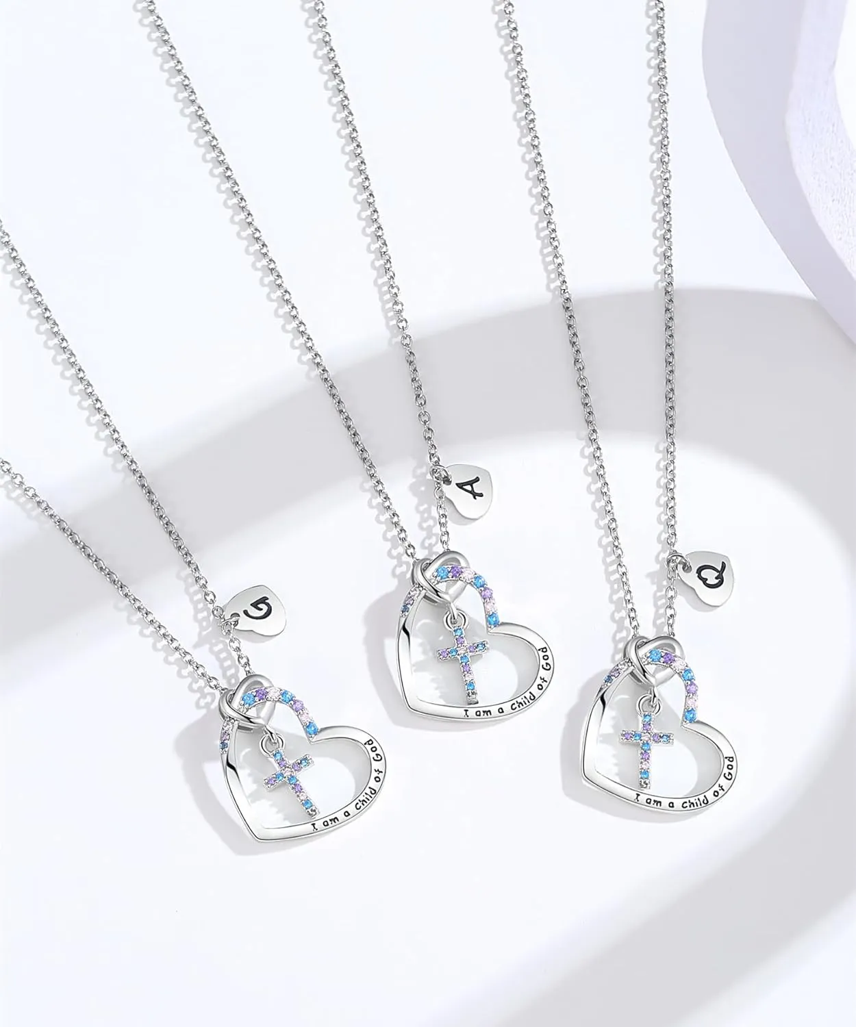 Cross Necklace for Girls | I am a child of God Necklace for Girls | Cross Birthstone Necklace | Heart Letter initial Necklace | 18K White Gold Plated Pendant Jewelry First Communion Baptism Gifts Christmas Birthday Gifts for Girl Women