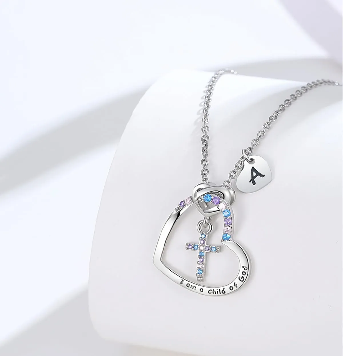 Cross Necklace for Girls | I am a child of God Necklace for Girls | Cross Birthstone Necklace | Heart Letter initial Necklace | 18K White Gold Plated Pendant Jewelry First Communion Baptism Gifts Christmas Birthday Gifts for Girl Women
