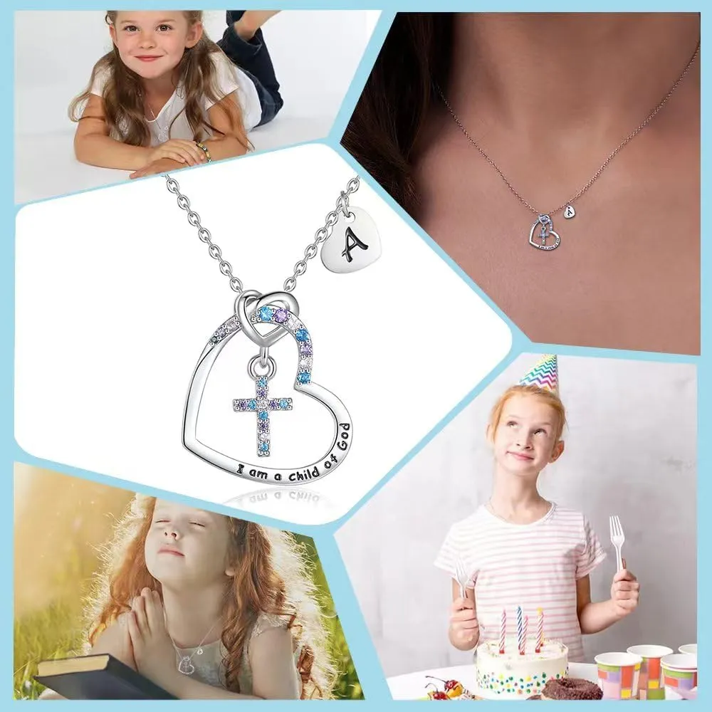 Cross Necklace for Girls | I am a child of God Necklace for Girls | Cross Birthstone Necklace | Heart Letter initial Necklace | 18K White Gold Plated Pendant Jewelry First Communion Baptism Gifts Christmas Birthday Gifts for Girl Women