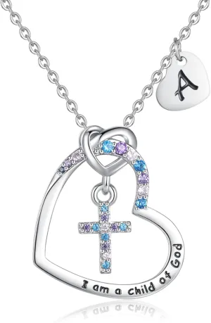 Cross Necklace for Girls | I am a child of God Necklace for Girls | Cross Birthstone Necklace | Heart Letter initial Necklace | 18K White Gold Plated Pendant Jewelry First Communion Baptism Gifts Christmas Birthday Gifts for Girl Women