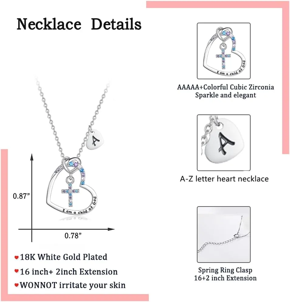 Cross Necklace for Girls | I am a child of God Necklace for Girls | Cross Birthstone Necklace | Heart Letter initial Necklace | 18K White Gold Plated Pendant Jewelry First Communion Baptism Gifts Christmas Birthday Gifts for Girl Women