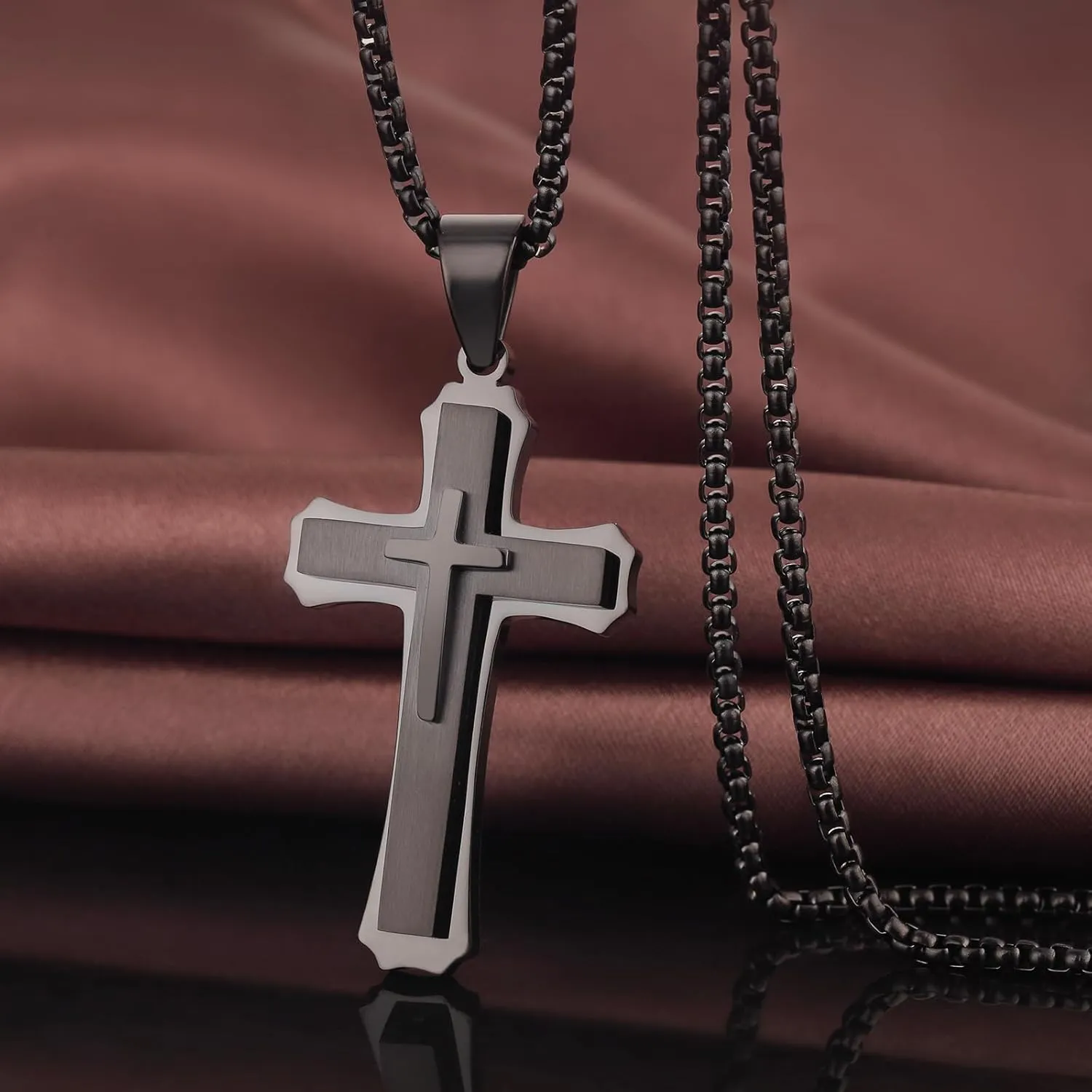 Cross Necklace for Men 316L Stainless Steel Stainless Steel Plain Cross Pendant Necklace Chain for Men Silver Black Gold Colors