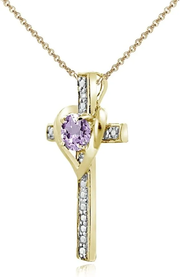 Cross Necklace for Women, Birthstone Necklace, Genuine or Synthetic Gemstone Necklace, Cross Pendant, Heart Cross, Necklaces for Women, Sterling Silver Necklace or Gold Flash Silver Necklace