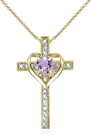 Cross Necklace for Women, Birthstone Necklace, Genuine or Synthetic Gemstone Necklace, Cross Pendant, Heart Cross, Necklaces for Women, Sterling Silver Necklace or Gold Flash Silver Necklace