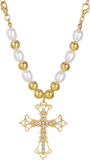 Cross Necklace for Women Cubic Zirconia Cross Pendant Necklace Vintage Baroque Pearl Cross Necklace Bridal Accessory Pearl Jewelry Gift