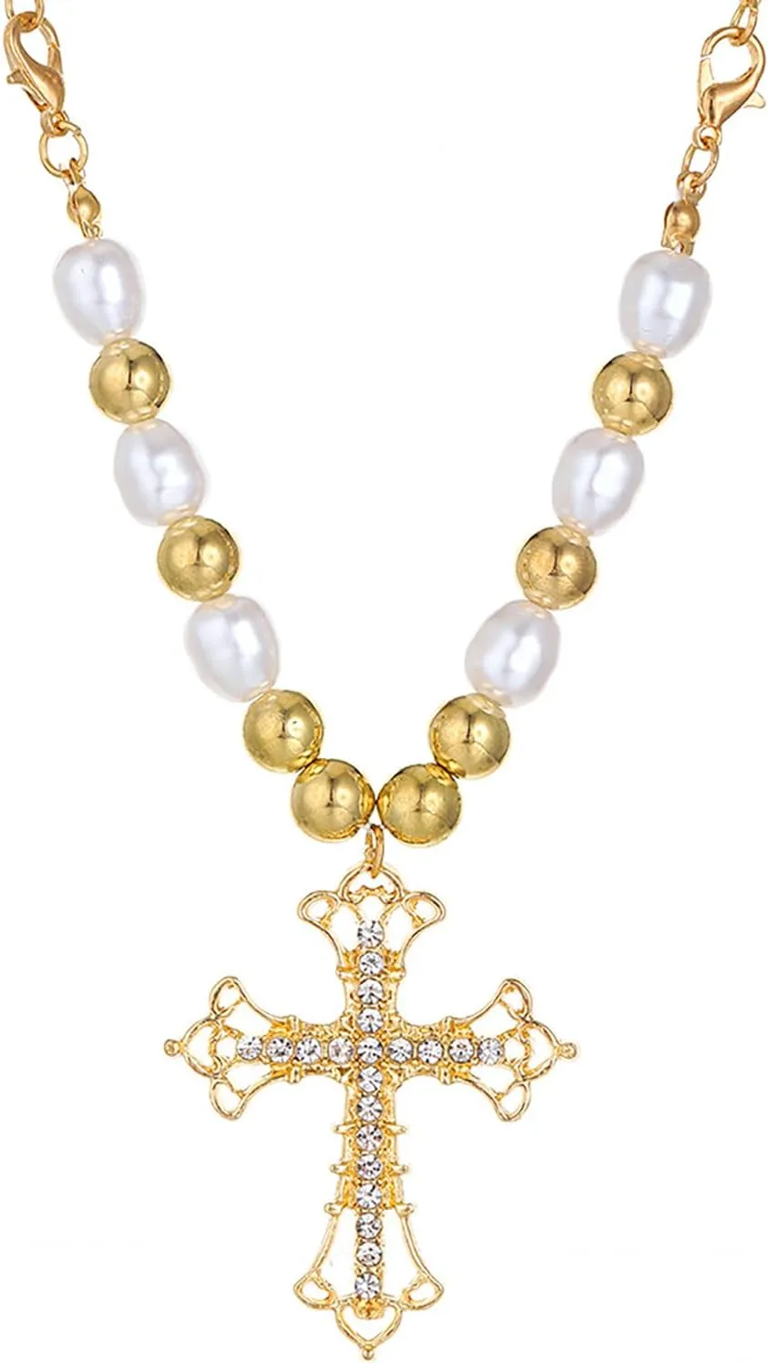 Cross Necklace for Women Cubic Zirconia Cross Pendant Necklace Vintage Baroque Pearl Cross Necklace Bridal Accessory Pearl Jewelry Gift