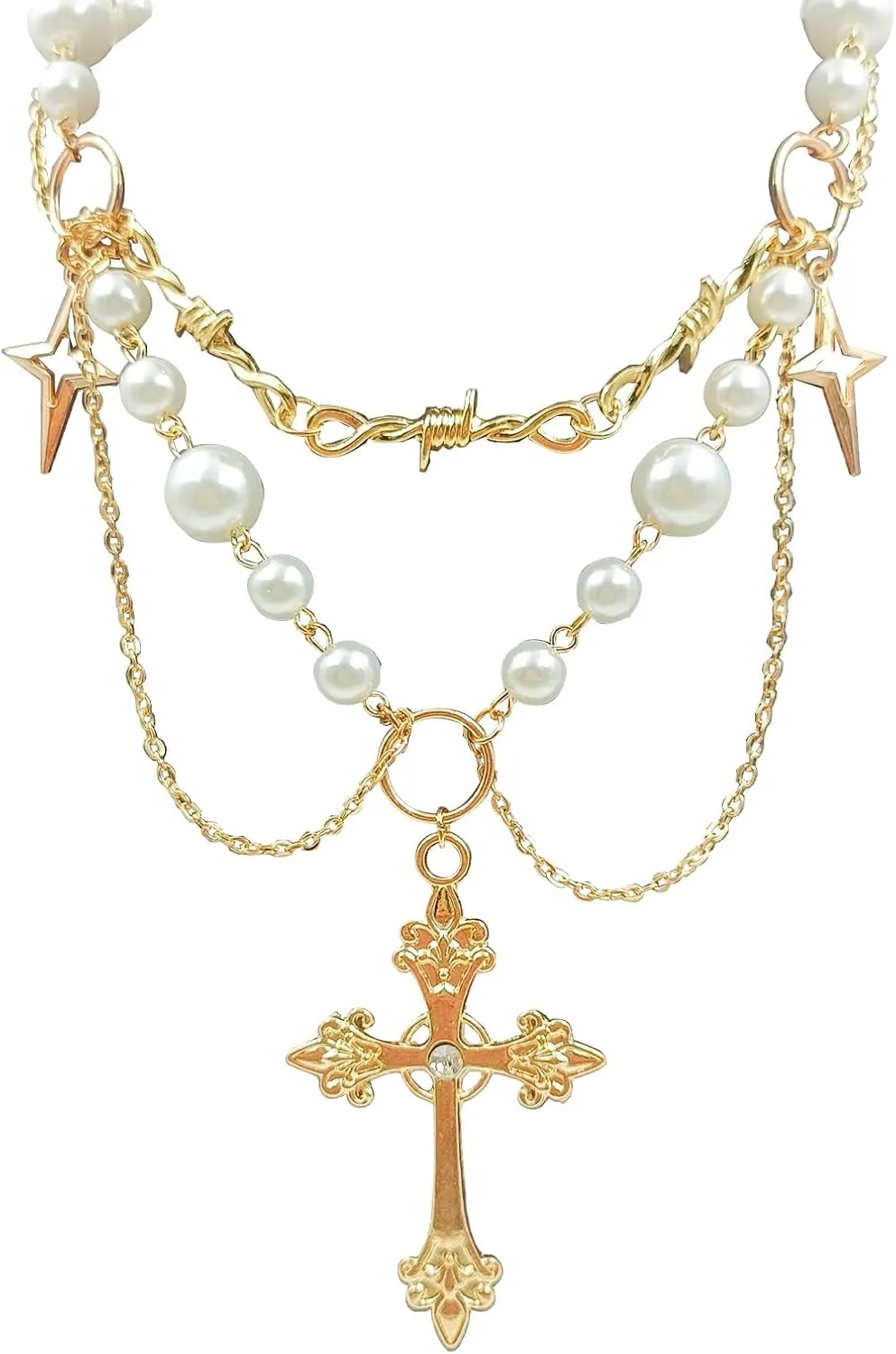 Cross Necklace Pearl Necklace for Women,Gothic Cross Pearl Pendant Necklace Cubic Zirconia Pearl Necklace Vintage Cross Necklace Bride Wedding Prom Dress Jewerly