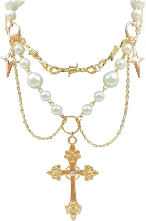 Cross Necklace Pearl Necklace for Women,Gothic Cross Pearl Pendant Necklace Cubic Zirconia Pearl Necklace Vintage Cross Necklace Bride Wedding Prom Dress Jewerly