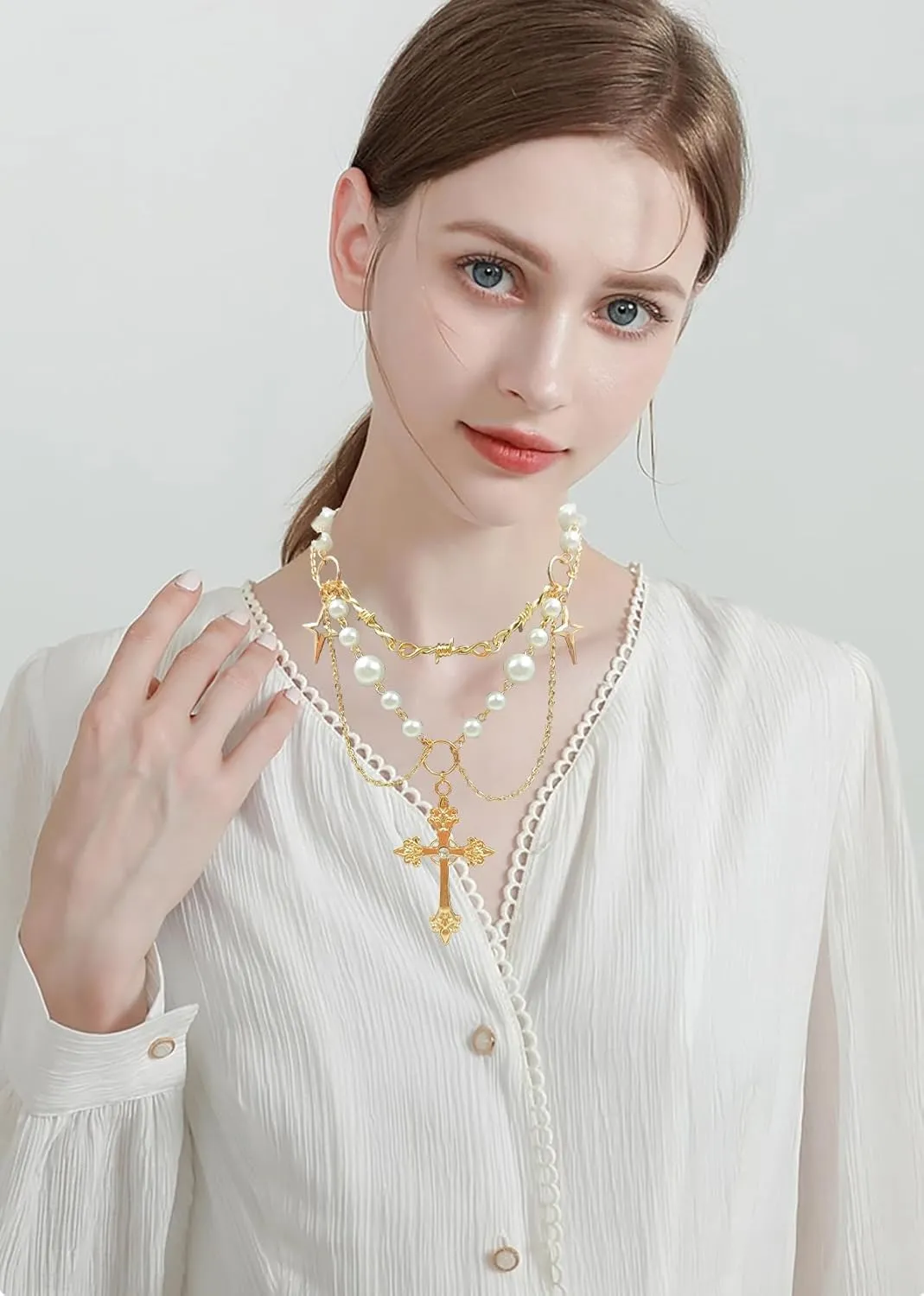 Cross Necklace Pearl Necklace for Women,Gothic Cross Pearl Pendant Necklace Cubic Zirconia Pearl Necklace Vintage Cross Necklace Bride Wedding Prom Dress Jewerly