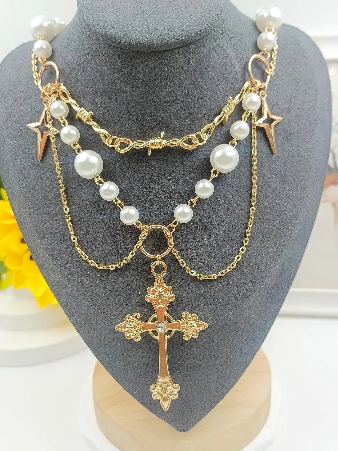 Cross Necklace Pearl Necklace for Women,Gothic Cross Pearl Pendant Necklace Cubic Zirconia Pearl Necklace Vintage Cross Necklace Bride Wedding Prom Dress Jewerly