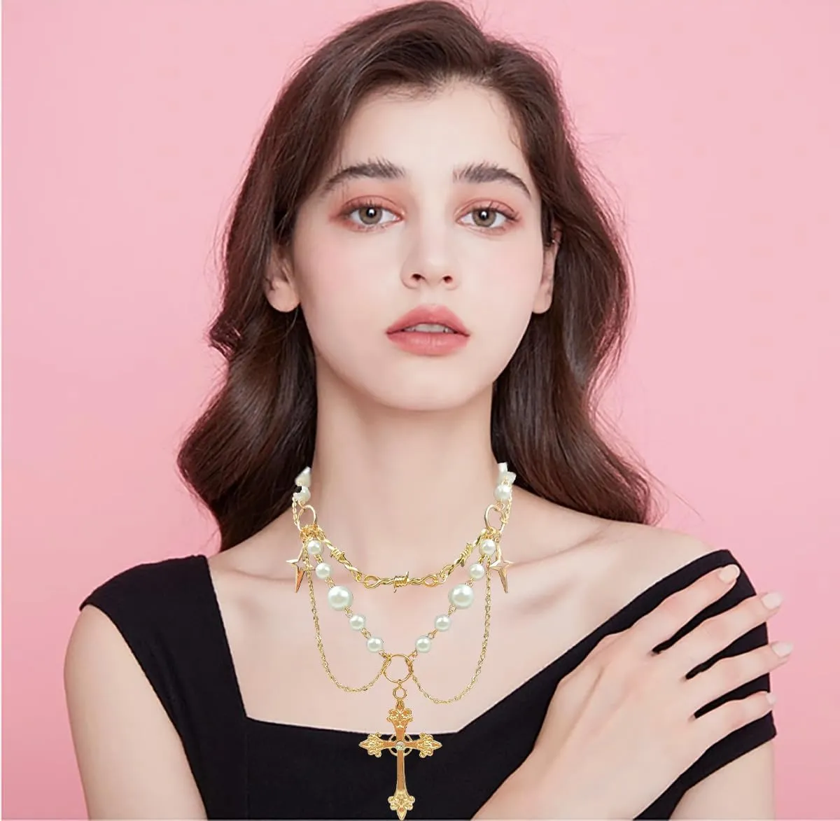Cross Necklace Pearl Necklace for Women,Gothic Cross Pearl Pendant Necklace Cubic Zirconia Pearl Necklace Vintage Cross Necklace Bride Wedding Prom Dress Jewerly