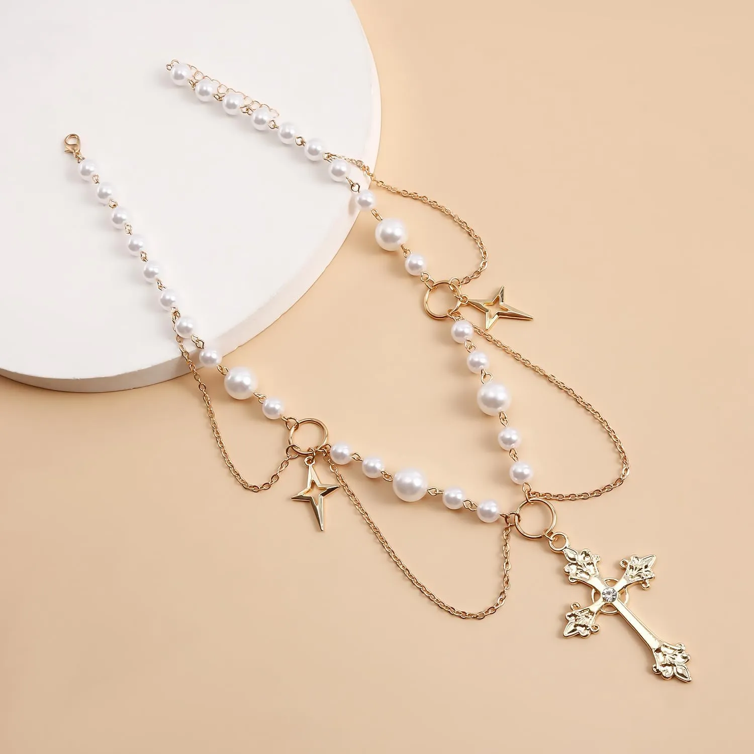Cross Necklace Pearl Necklace for Women,Gothic Cross Pearl Pendant Necklace Cubic Zirconia Pearl Necklace Vintage Cross Necklace Bride Wedding Prom Dress Jewerly