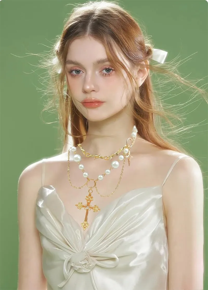 Cross Necklace Pearl Necklace for Women,Gothic Cross Pearl Pendant Necklace Cubic Zirconia Pearl Necklace Vintage Cross Necklace Bride Wedding Prom Dress Jewerly