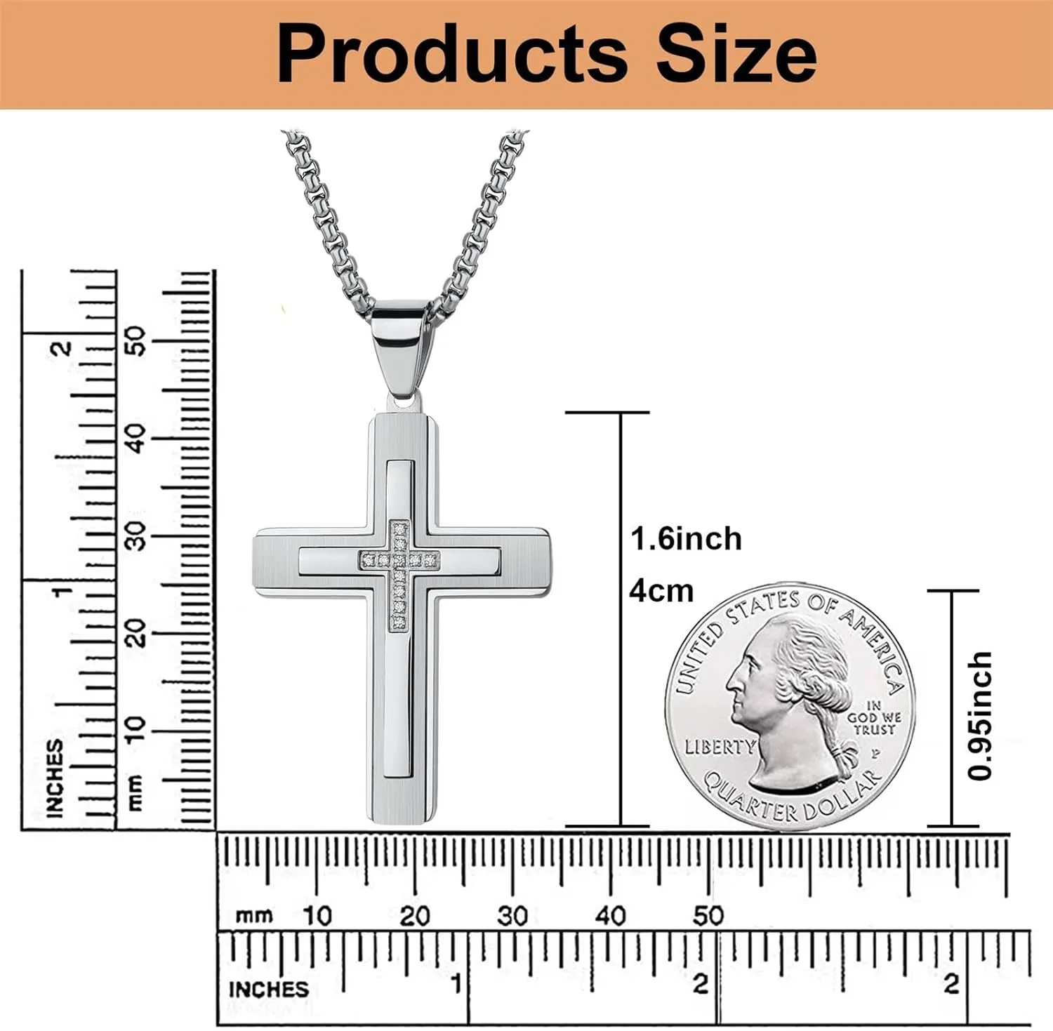 Cross Pendant Necklace for Men, Large Jesus Christ 316L Stainless Steel Cross Pendant Necklace, Box Chain Heavy Duty Necklace for Men
