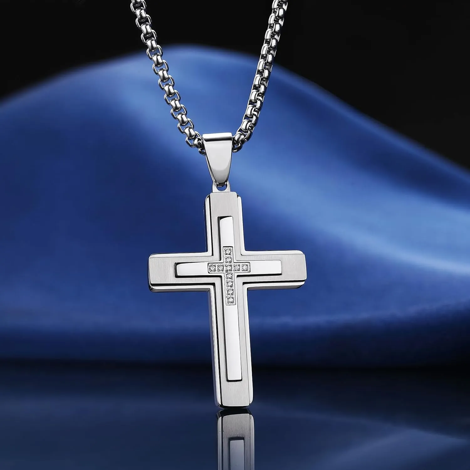 Cross Pendant Necklace for Men, Large Jesus Christ 316L Stainless Steel Cross Pendant Necklace, Box Chain Heavy Duty Necklace for Men