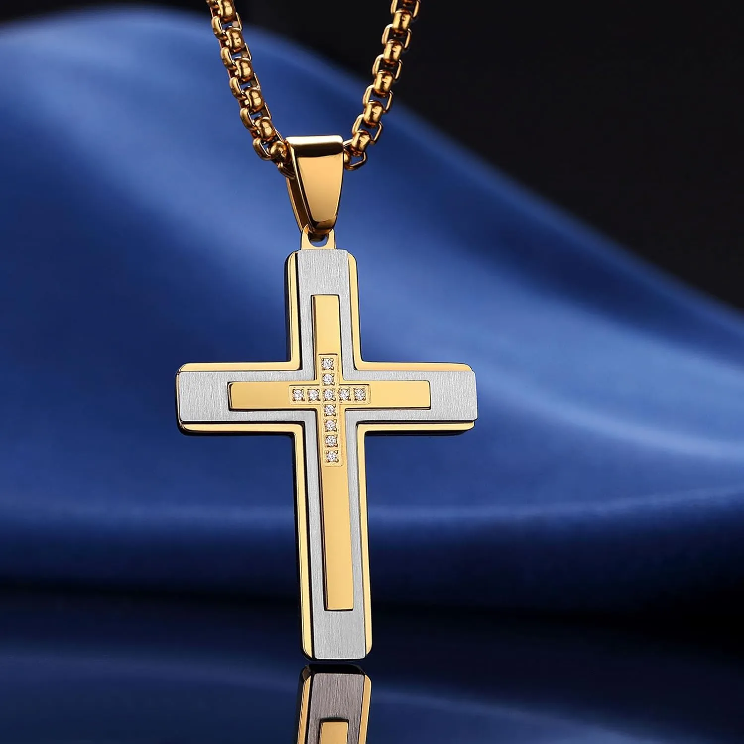 Cross Pendant Necklace for Men, Large Jesus Christ 316L Stainless Steel Cross Pendant Necklace, Box Chain Heavy Duty Necklace for Men