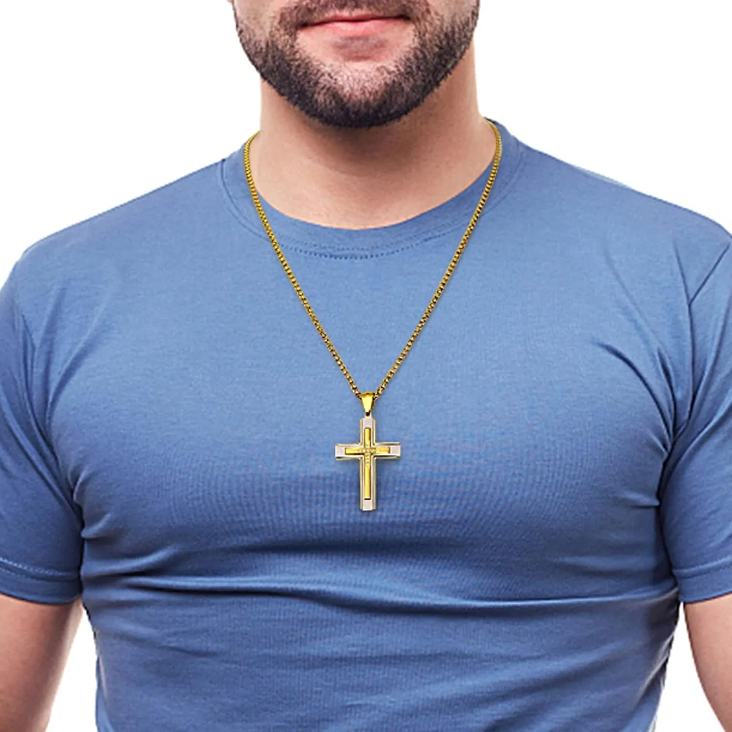 Cross Pendant Necklace for Men, Large Jesus Christ 316L Stainless Steel Cross Pendant Necklace, Box Chain Heavy Duty Necklace for Men
