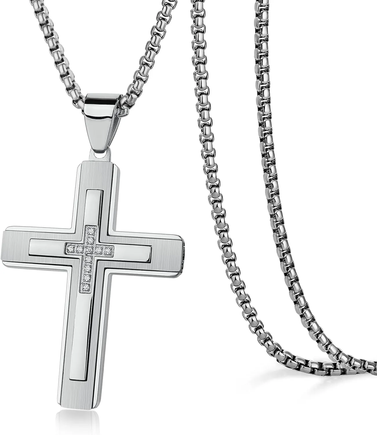 Cross Pendant Necklace for Men, Large Jesus Christ 316L Stainless Steel Cross Pendant Necklace, Box Chain Heavy Duty Necklace for Men
