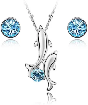 Crystalline Azuria 18K White Gold Plated Jewelry Set Crystals Dolphin Pendant Necklace 18 inches Stud Earrings for Women