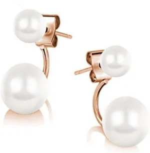 Crystalline Azuria Double Cycle Stud Jacket Earrings with Simulated White Pearls 18K Rose Gold Plated for Women