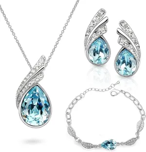 Crystalline Azuria Teardrops Crystals Blue Simulated Aquamarine Set Pendant Necklace 18 inches Earrings Bracelet 18K White Gold Plated