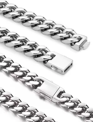 Cuban Link Chain for Men Necklace 316L Surgical Steel Silver Color Chain Mens Thick Chunky Hip Hop Jewelry 7/9/11/13mm Width 18" 20" 22" 24" 28" Length, Fine Polished Push Clasp Box
