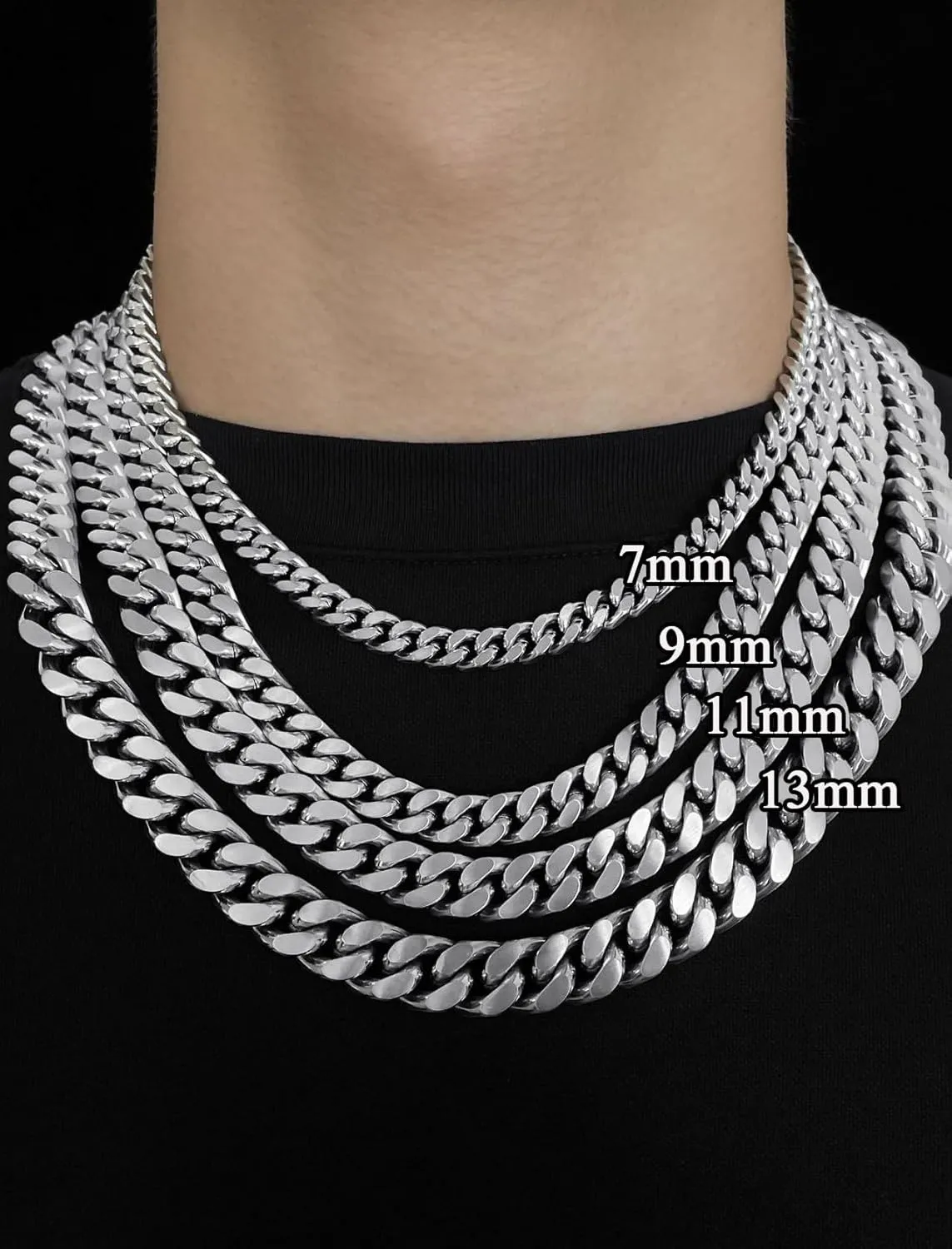 Cuban Link Chain for Men Necklace 316L Surgical Steel Silver Color Chain Mens Thick Chunky Hip Hop Jewelry 7/9/11/13mm Width 18" 20" 22" 24" 28" Length, Fine Polished Push Clasp Box