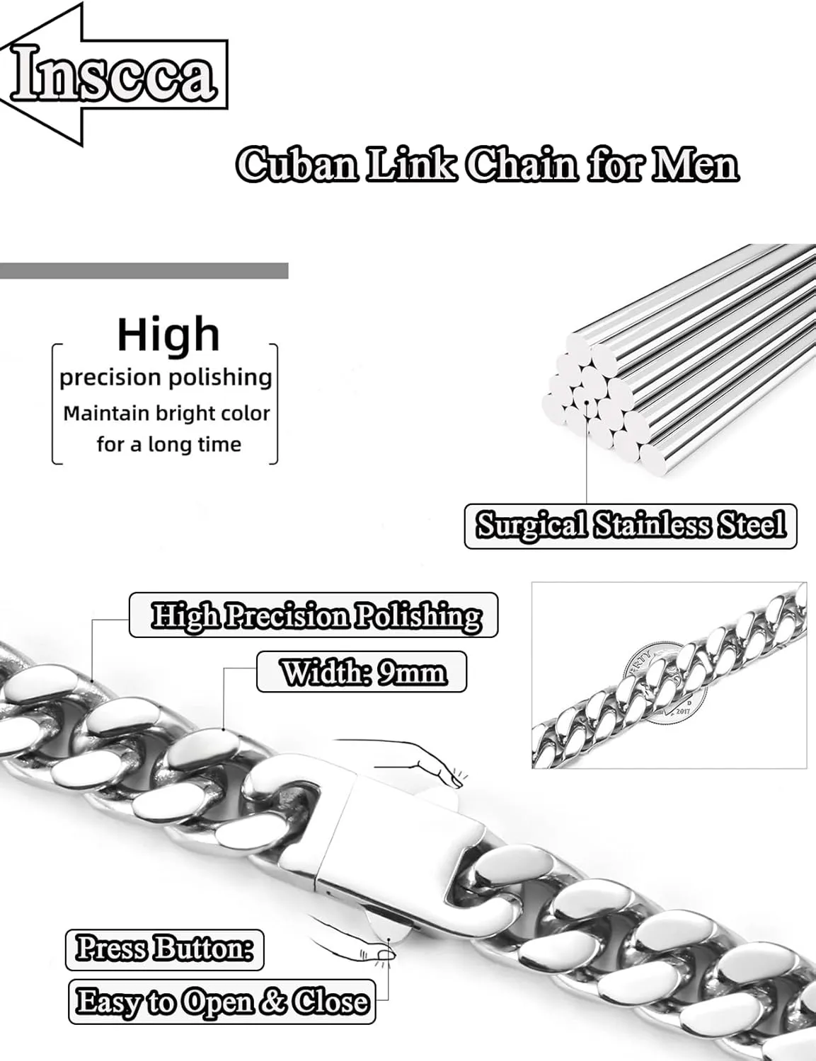 Cuban Link Chain for Men Necklace 316L Surgical Steel Silver Color Chain Mens Thick Chunky Hip Hop Jewelry 7/9/11/13mm Width 18" 20" 22" 24" 28" Length, Fine Polished Push Clasp Box
