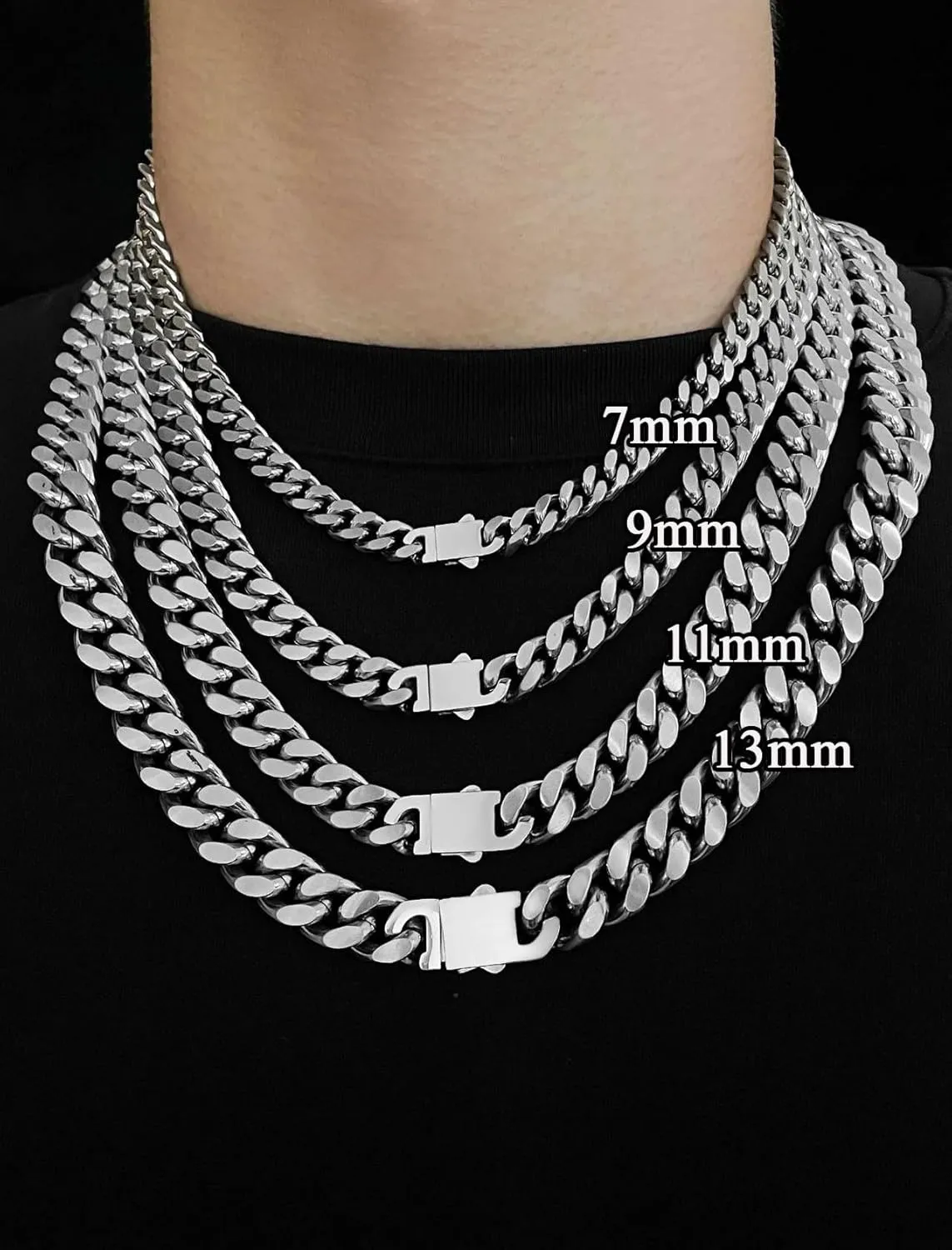 Cuban Link Chain for Men Necklace 316L Surgical Steel Silver Color Chain Mens Thick Chunky Hip Hop Jewelry 7/9/11/13mm Width 18" 20" 22" 24" 28" Length, Fine Polished Push Clasp Box