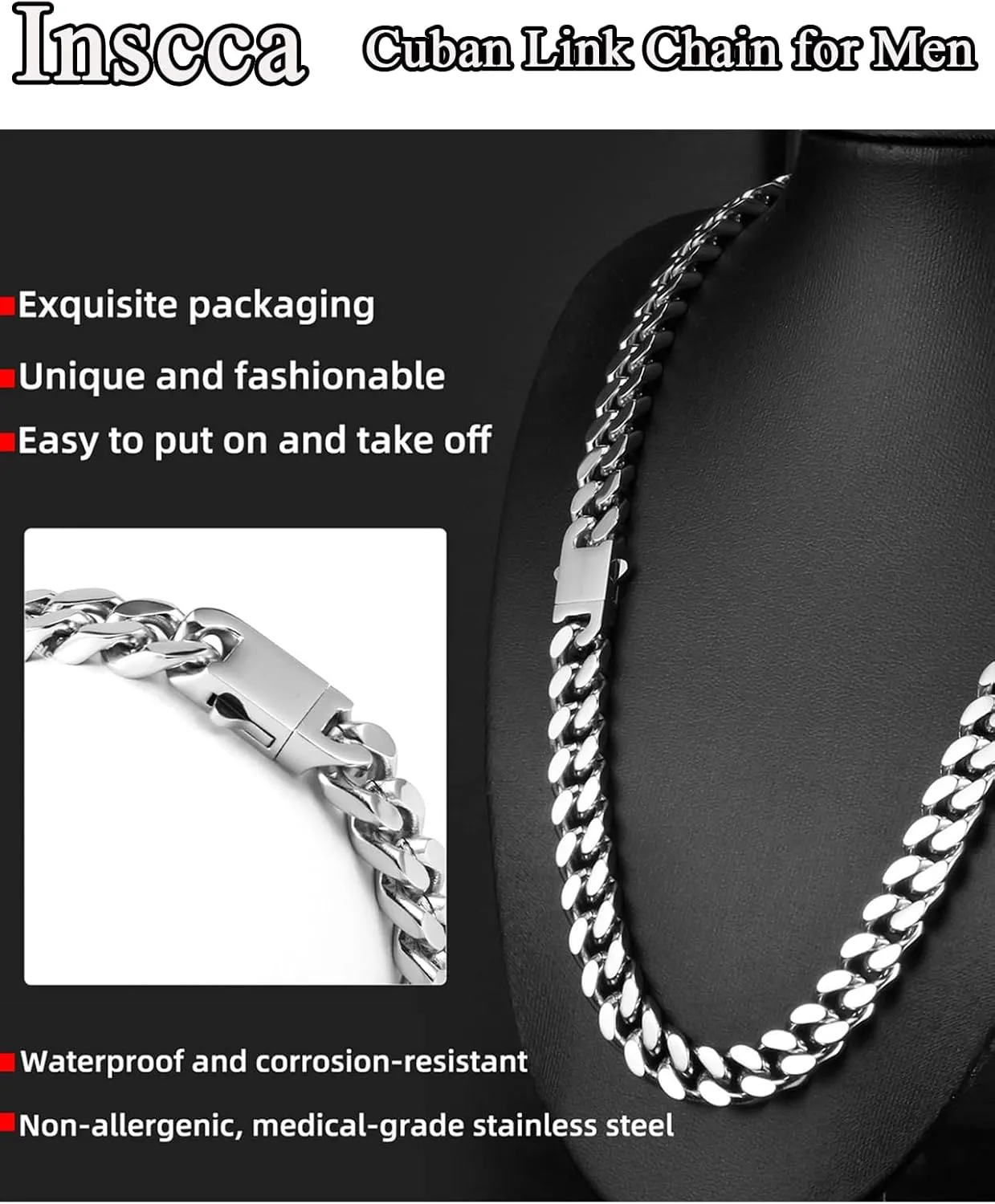 Cuban Link Chain for Men Necklace 316L Surgical Steel Silver Color Chain Mens Thick Chunky Hip Hop Jewelry 7/9/11/13mm Width 18" 20" 22" 24" 28" Length, Fine Polished Push Clasp Box