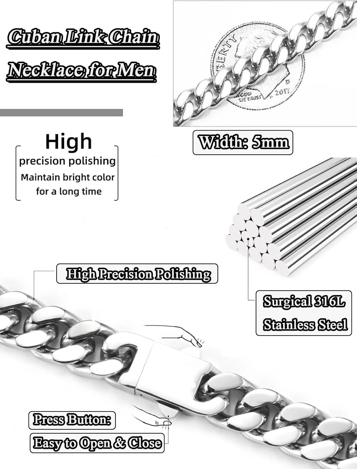 Cuban Link Chain for Men Necklace 316L Surgical Steel Silver Color Chain Mens Thick Chunky Hip Hop Jewelry 7/9/11/13mm Width 18" 20" 22" 24" 28" Length, Fine Polished Push Clasp Box