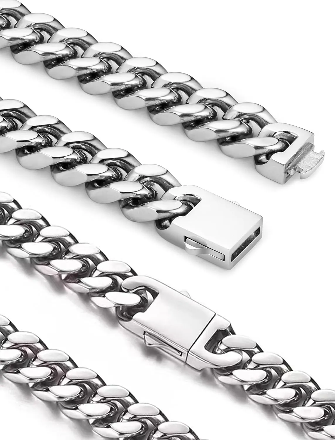 Cuban Link Chain for Men Necklace 316L Surgical Steel Silver Color Chain Mens Thick Chunky Hip Hop Jewelry 7/9/11/13mm Width 18" 20" 22" 24" 28" Length, Fine Polished Push Clasp Box