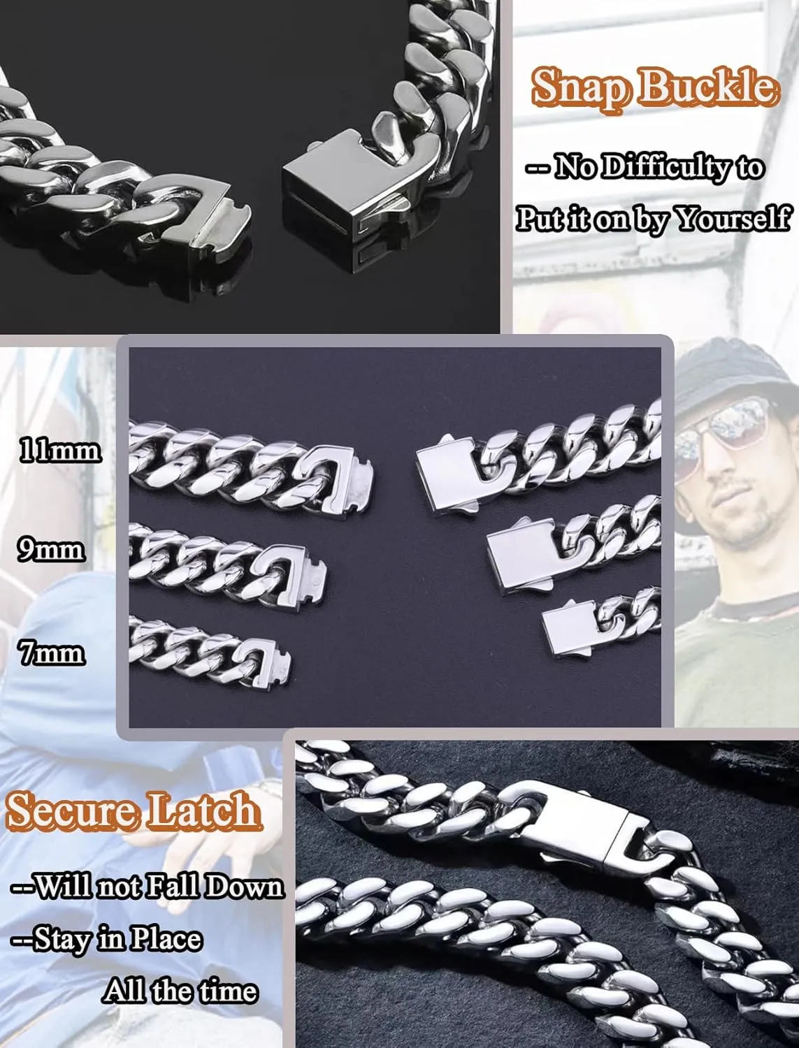 Cuban Link Chain for Men Necklace 316L Surgical Steel Silver Color Chain Mens Thick Chunky Hip Hop Jewelry 7/9/11/13mm Width 18" 20" 22" 24" 28" Length, Fine Polished Push Clasp Box