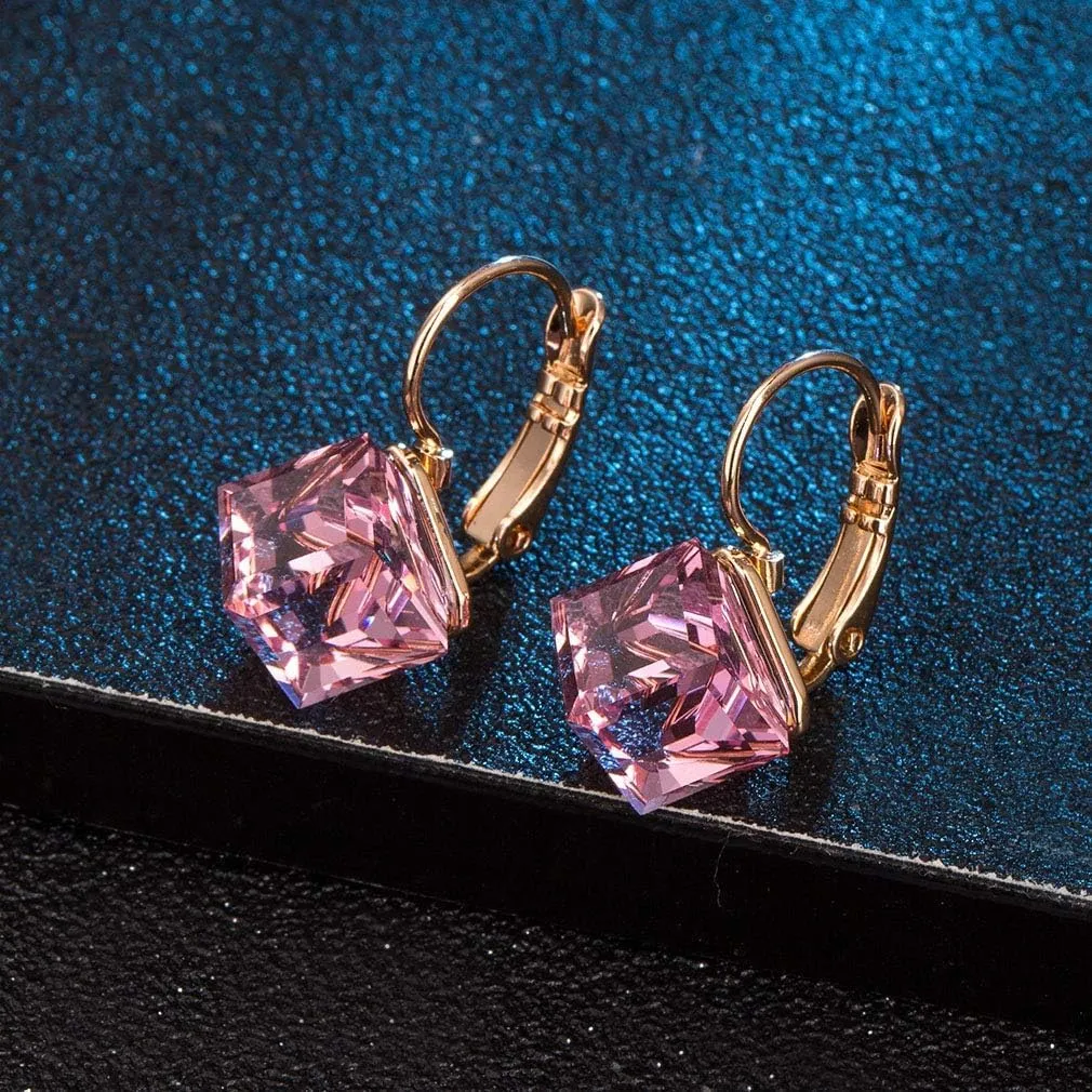 Cube Austrian Crystal Drop Leverback Earrings for Women Fashion 14K Rose Gold Plated Hypoallergenic Jewelry