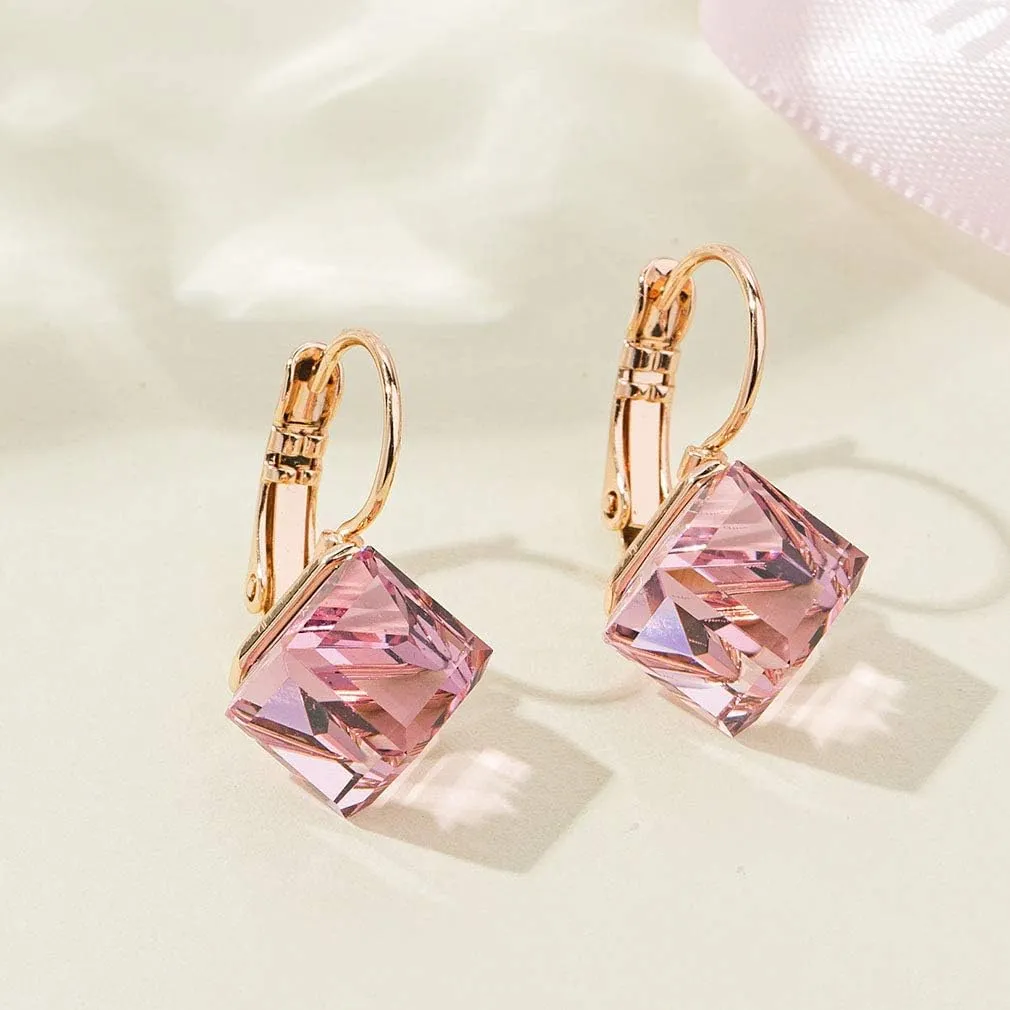 Cube Austrian Crystal Drop Leverback Earrings for Women Fashion 14K Rose Gold Plated Hypoallergenic Jewelry