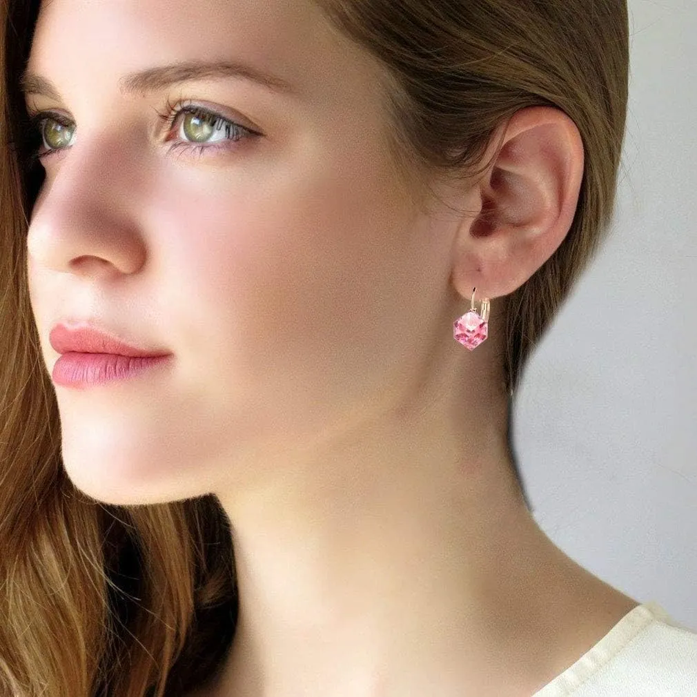 Cube Austrian Crystal Drop Leverback Earrings for Women Fashion 14K Rose Gold Plated Hypoallergenic Jewelry
