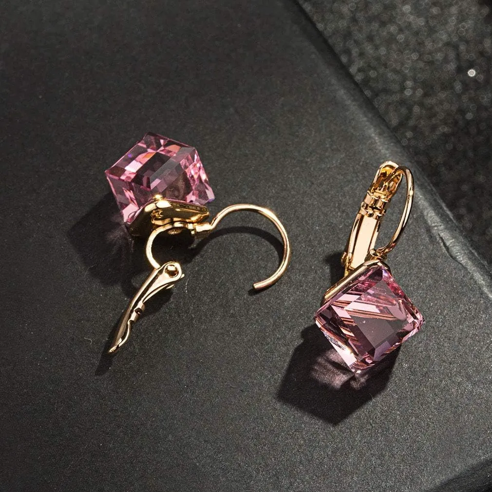 Cube Austrian Crystal Drop Leverback Earrings for Women Fashion 14K Rose Gold Plated Hypoallergenic Jewelry