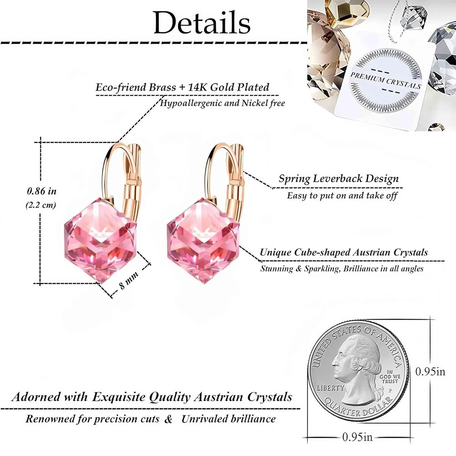 Cube Austrian Crystal Drop Leverback Earrings for Women Fashion 14K Rose Gold Plated Hypoallergenic Jewelry