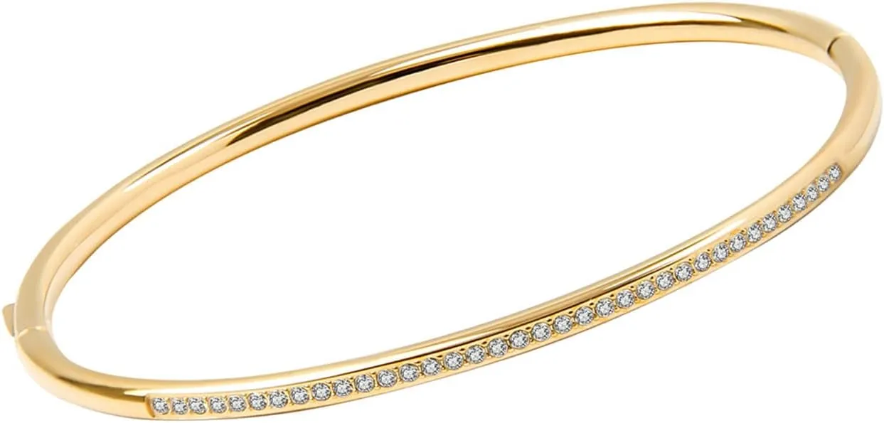 Cubic Zirconia Bangle Tennis Bracelet, Women Stainless Steel Hinged Jewelry Crystal Oval Bracelet Present for Her