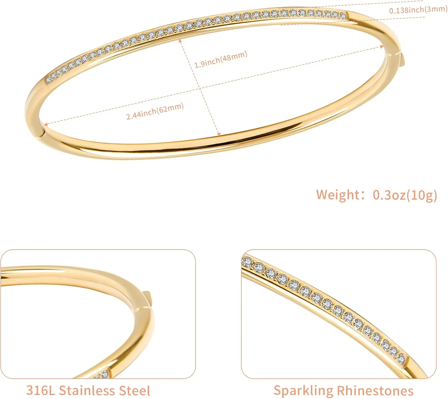 Cubic Zirconia Bangle Tennis Bracelet, Women Stainless Steel Hinged Jewelry Crystal Oval Bracelet Present for Her