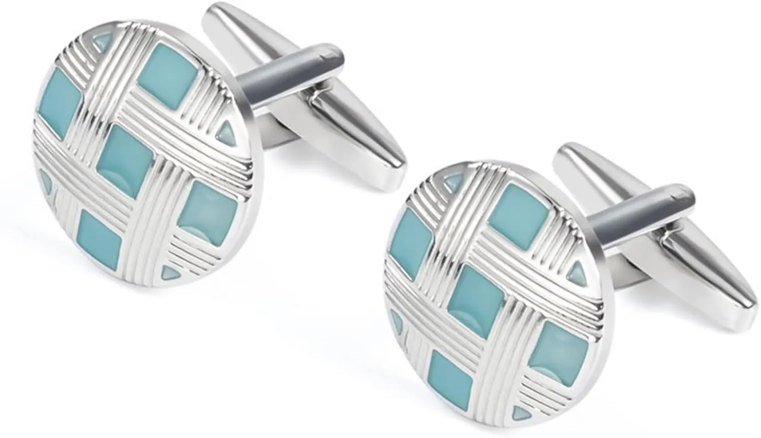 Cuff Links, Mens Cuff Links Round Grid Silver Blue Mens Cufflinks Set for Wedding Groom Business