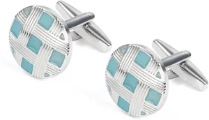 Cuff Links, Mens Cuff Links Round Grid Silver Blue Mens Cufflinks Set for Wedding Groom Business