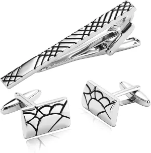 Cufflinks and Tie Clip, Cufflink Dress Shirts Funny Tie Clip Rectangle Silver Black Stainless Steel