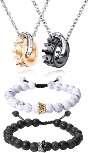 Cupimatch 2 Pairs Couple Matching Necklace Bracelets Set, Stainless Steel Adjustable King CZ Crown Ring Pendant Chain Necklace His and Hers Matte Agate Beads Relationship Bangle Jewelry