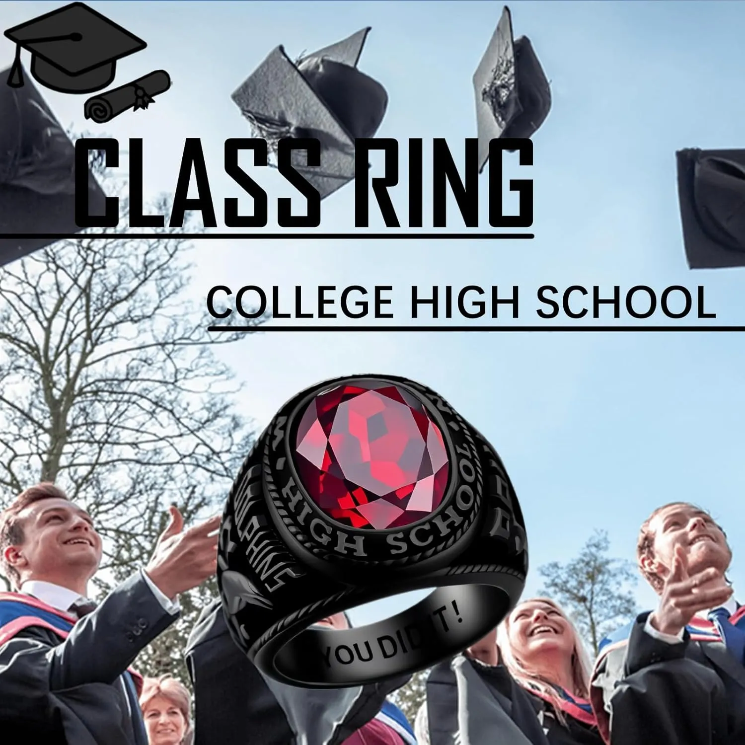 Customizable Class Rings for Men Women 925 Sterling Silver High School University Graduation Ring 2025 2026 Personalized College Graduation Gift