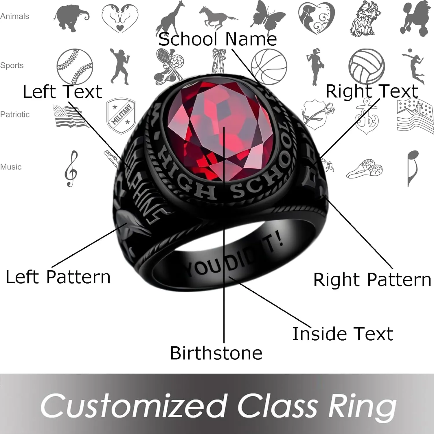 Customizable Class Rings for Men Women 925 Sterling Silver High School University Graduation Ring 2025 2026 Personalized College Graduation Gift